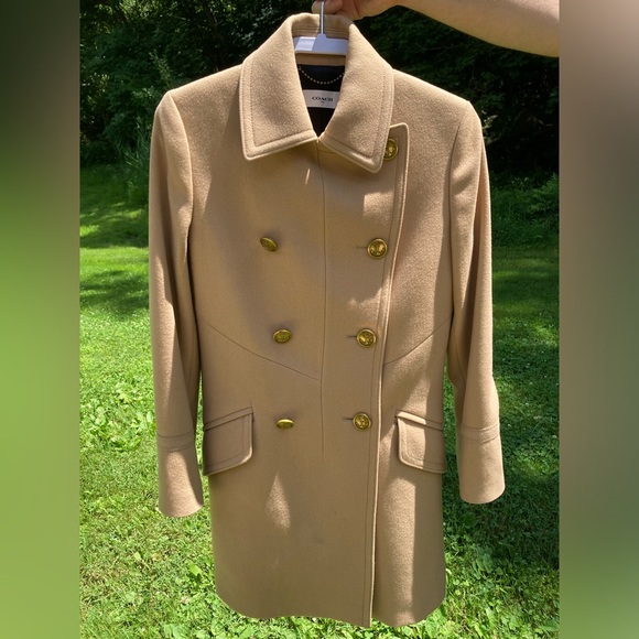 Coach Tan Wool Coat Gold Hardware Anchor Buttons Nautical Pea Coat Neutral Color - Picture 1 of 17
